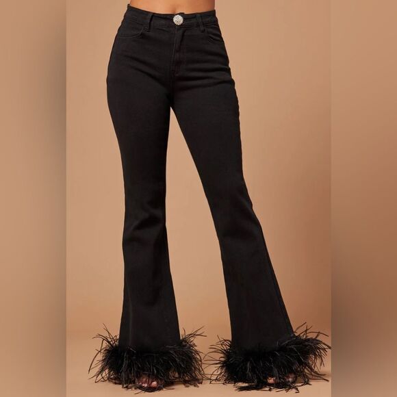 Fashion Nova Black Feather Trim Boot Cut Pants - Picture 3 of 6